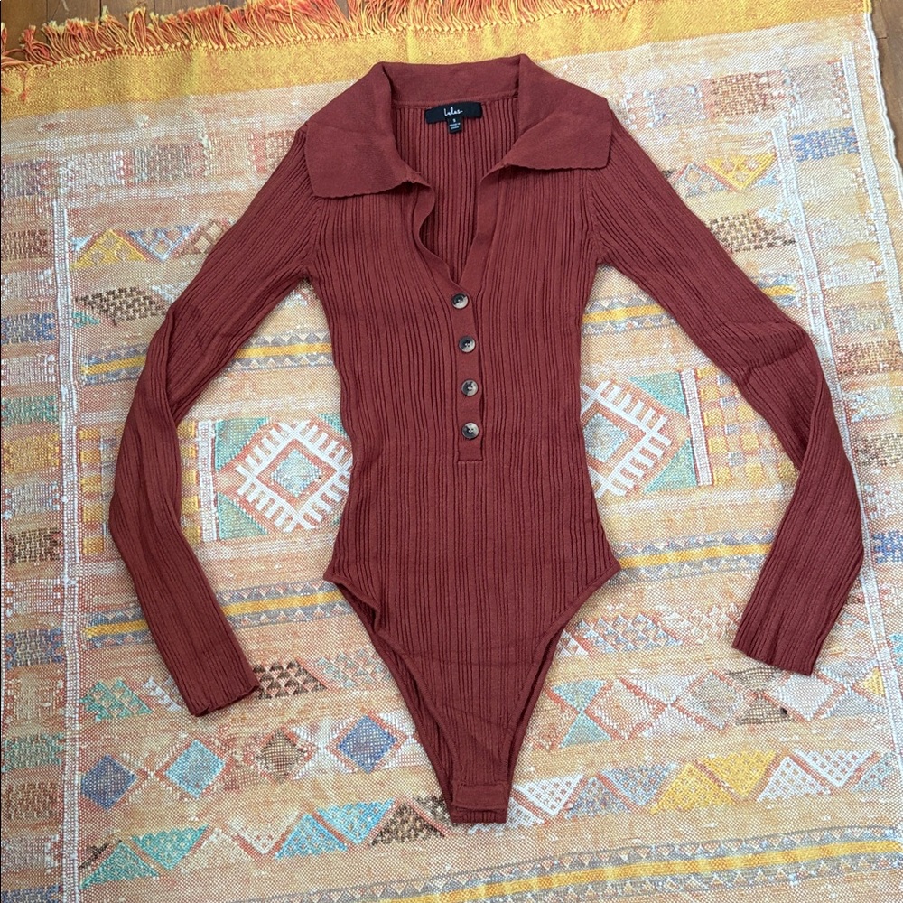 Lulus Timeless Design Rust Brown Ribbed Button-up Long Sleeve Bodysuit - Size S - Picture 2 of 6